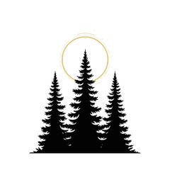 Obraz premium Abstract black silhouettes of majestic coniferous trees under a radiant golden sun, evoking a serene natural landscape concept and tranquil wilderness