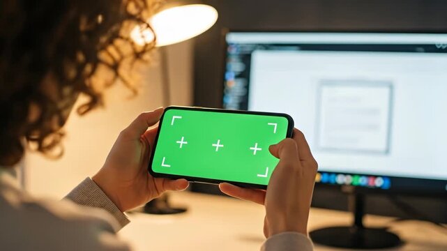 Person Testing Green Screen on Smartphone in Modern Workspace