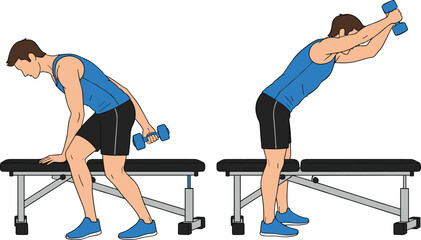 Man performing dumbbell triceps kickback and extension exercise on gym bench, strength training workout illustration for fitness instruction and health