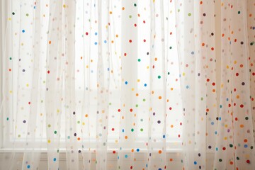 Sheer white curtain with vibrant polka dots near a bright window for home decor