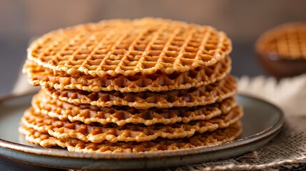 A stack of stroopwafels on a plate with a bowl in the background on a burlap surface setting