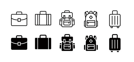 Baggage icon set for travel and business trips (solid and line), simple icons with editable strokes