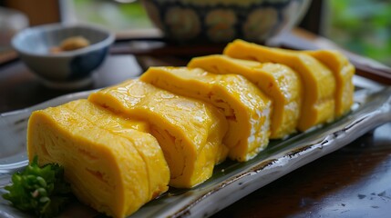 Close up of tamagoyaki on a plate with a small bowl in the background on a wooden table top view