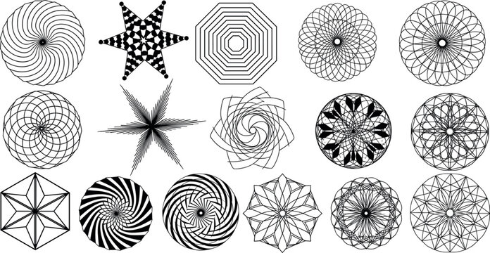 Abstract geometric circular mandala vector set with spiral, star, and radial line art shapes for modern decorative and creative design projects
