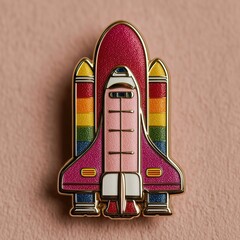 A colorful enamel pin shaped like a rocket, decorated with rainbow stripes, representing pride, exploration, and limitless imagination.