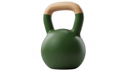Green kettlebell with wooden handle front view fitness isolated on a transparent background