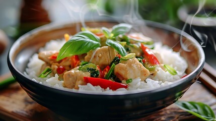 A close up of a bowl of thai green curry with chicken and rice garnished with basil leaves