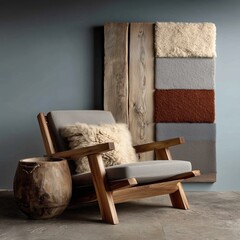 A cozy armchair with soft textures and natural wood accents sits in a rustic interior, blending warmth with modern design.