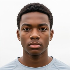 Young Black Man with Curly Hair in Light Blue T Shirt Portrait