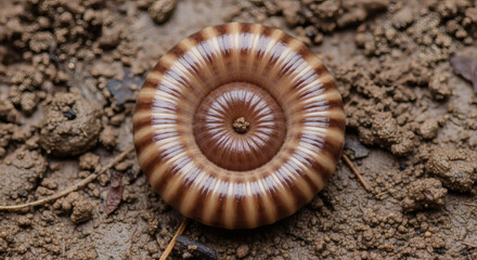 A close-up view presents a tightly coiled invertebrate, exhibiting alternating bands of light and dark brown, resting on damp soil