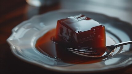 A close up view of a piece of jelly on a plate with a fork and some sauce on a wooden surface