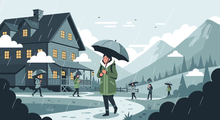 Woman with Umbrella in Rainy Weather Illustration.