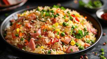 Close up of a bowl of fried rice with ham peas carrots and eggs on a dark surface dish on the side