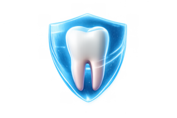 Tooth receiving advanced protection from a glowing blue shield, symbolizing dental care, health, and enamel defense on transparent background