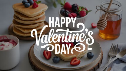 A delicious Valentine's Day breakfast with pancakes and fresh berries