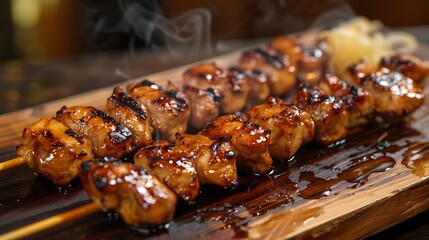 Close up of two skewers of glazed chicken yakitori on a wooden board with steam rising up above it