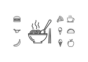 Vector Ilustration Concept Minimalist line icon of a steaming hot bowl of Asian noodles with a spoon and chopsticks.