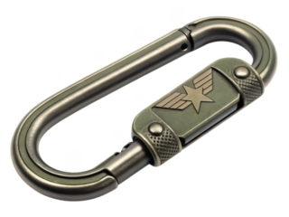 Vintage metal carabiner with star emblem on black background