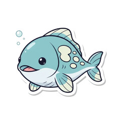 Cute cartoon blue fish with png isolated transparent background white spots and bubbles on black background