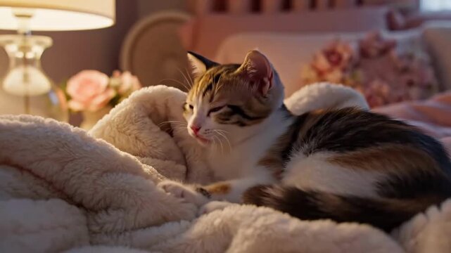 Adorable Kitten Napping Peacefully On A Soft Blanket In A Cozy Room Stock Footage