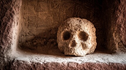 Obraz premium crypt. Weathered stone skull in a wall niche with soft directional lighting. event programs, museum guides, designed for cultural heritage projects and event programs, preserves heritage. 