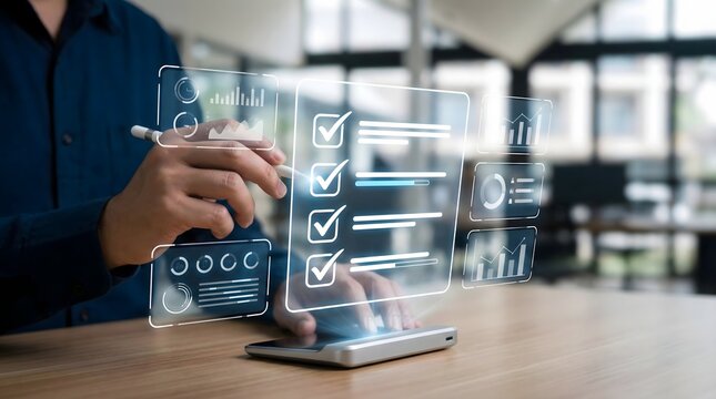 Businessman using tablet with stylus,analyzing digital checklist interface with charts,project management efficiency,smart workflow optimization,data productivity boost,business planning tools. - Powered by Adobe