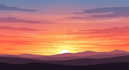 Pixel Art Sunrise Over Distant Mountains With Colorful Sky And Sun Rays