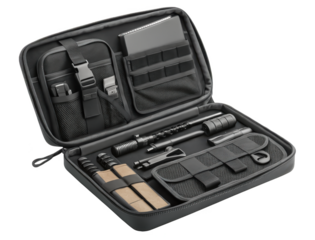 Tactical gear kit with tools and accessories in black case