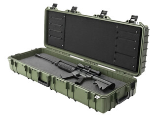 Rifle in open green tactical case on black background