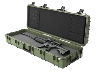 Rifle in open green tactical case on black background