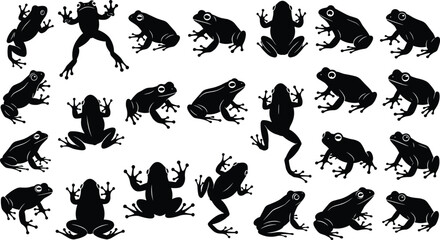 Fototapeta premium Frog Silhouette Vector Set Featuring Tree Frogs, Toads, Amphibian Icons, Jumping Poses, Tropical Nature Wildlife, Pond Animals, and Aquatic Life Graphics