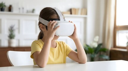 Little girl wearing a white VR headset over her eyes,sitting at a white table in a bright living room,exploring virtual reality for education,entertainment,concept of future technology,kids.