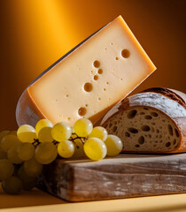 Artistic Still Life of Cheese and Grapes with Warm Light.