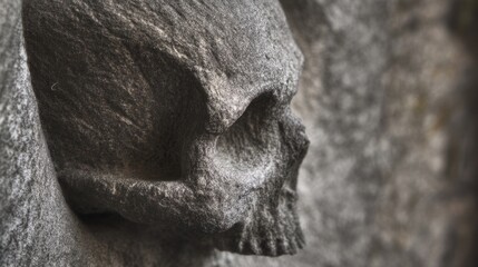 Fototapeta premium crypt. Weathered stone skull in a wall niche with soft directional lighting. event programs, museum guides, designed for cultural heritage projects and event programs, preserves heritage. 