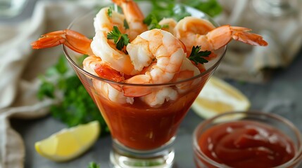 A close up of shrimp cocktail in a martini glass with a lemon wedge and parsley garnish present