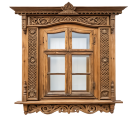Intricately carved wooden window with ornate details and glass panes