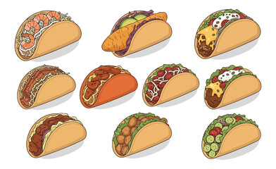 Assortment of various delicious tacos on white background culinary illustration