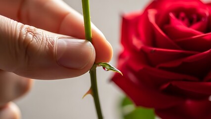 Close Up of a Hand Holding a Green Rose Stem with Sharp Thorn and Water Droplet Valentines day
