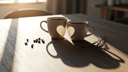 Two White Coffee Mugs on Wooden Table with Heart Shaped Shadow and Warm Morning Sunlight Valentines day