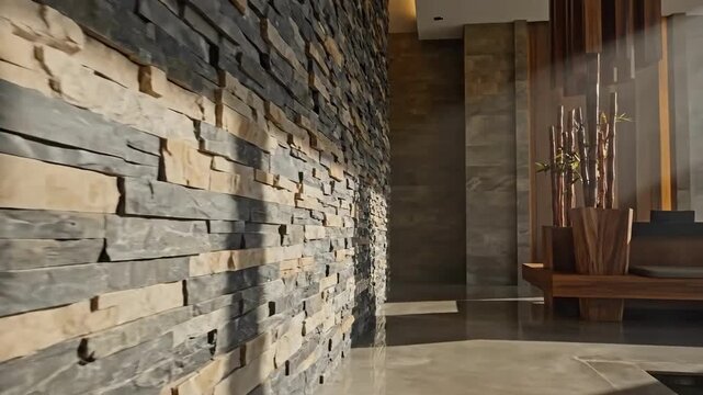 Contemporary Interior Design Featuring A Stone Clad Wall And Natural Wood Furnishings With Sunlight