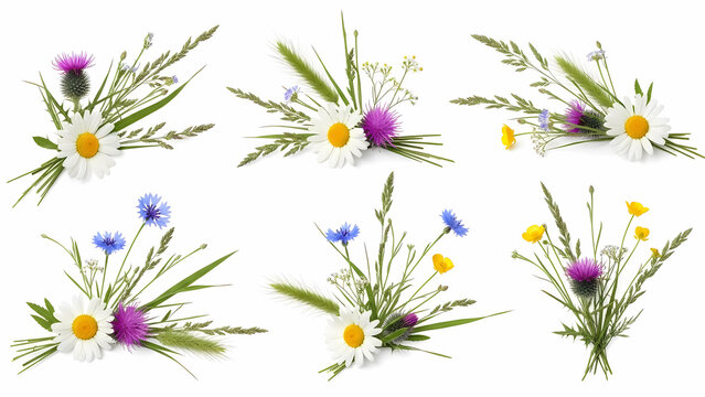 Wildflower Arrangements Daisies, Thistles, Cornflowers, and Grasses on White