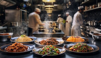 A bustling restaurant kitchen with chefs preparing various delicious dishes.