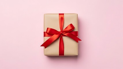 Top View of Minimalist Gift Box Wrapped in Craft Paper with Red Ribbon Bow on Pink Background Valentines day