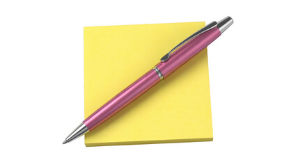 Naklejka premium Pink Pen on Yellow Sticky Note Closeup stationery office supplies isolated on a transparent background