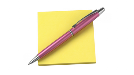 Pink Pen on Yellow Sticky Note Closeup stationery office supplies isolated on a transparent background