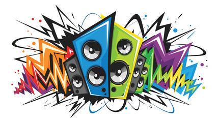 Urban graffiti-inspired mural vector illustration featuring abstract speakers, vibrating sound energy, and dynamic motion lines, flat design ideal for music wallpapers, posters, and digital creative