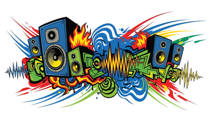 Urban graffiti-inspired mural vector illustration featuring abstract speakers, vibrating sound energy, and dynamic motion lines, flat design ideal for music wallpapers, posters, and digital creative