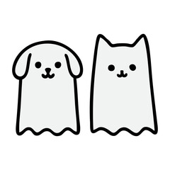 Dibujo sencillo con l&iacute;neas de fantasma simp&aacute;tico de perro y de gato 