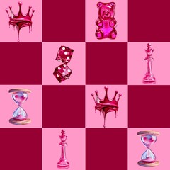 Seamless pattern for Valentine's Day in pink, Crown, dice, hourglass, jelly bag, chess queen on a red chessboard background 
