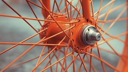 Close-up of bright orange bicycle wheel with spokes, against a blurred gray background